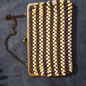 Vintage Black and White Beaded Chain Handle Purse